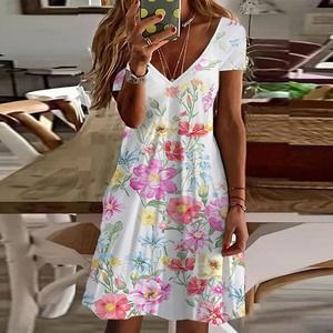 Floral V Neck Dress Ladies Summer Short Sleeve Beach Sundress Light Yellow Large